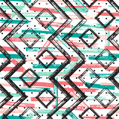 Squares and Zigzag Paint Brush Strokes Seamless pattern. Vector Abstract Grunge background
