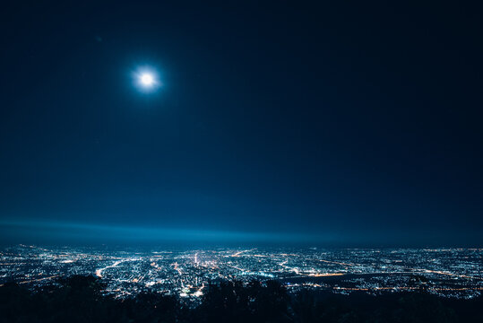Chiang Mai city view at night with full moon