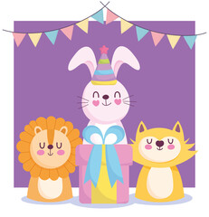 baby shower, cute rabbit cat lion with gift box cartoon, announce newborn welcome card