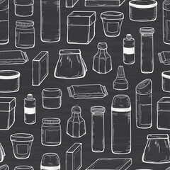 Blank Packing Seamless Pattern. Packaging Vector Background. Hand Drawn Sketch Glass, Plastic, Cardboard Package
