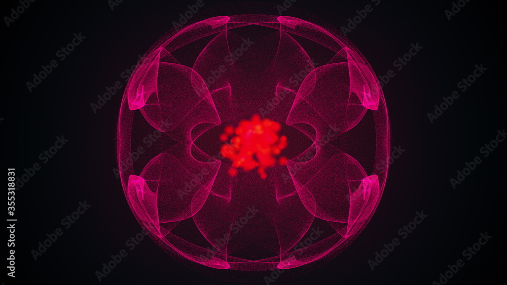 Poster sphere of particles with a bright spot in the center, computer generated. 3d rendering abstract back