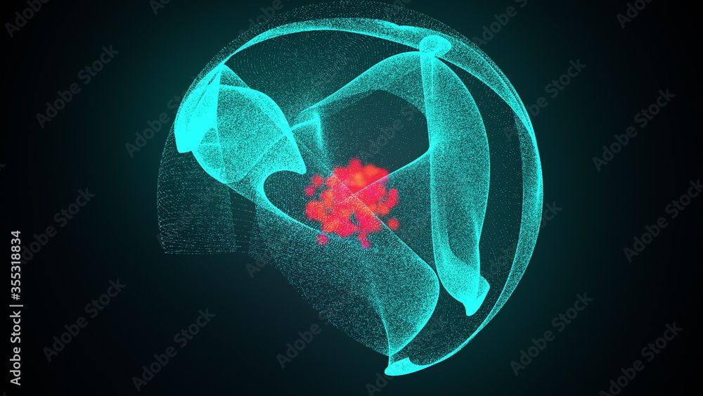 Poster sphere of particles with a bright spot in the center, computer generated. 3d rendering abstract back