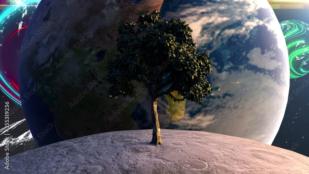 Poster computer generated futuristic composition. tree on the moon in front of the earth planet against the
