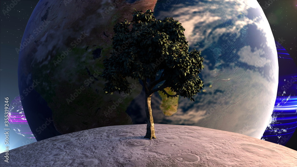 Poster computer generated futuristic composition. tree on the moon in front of the earth planet against the