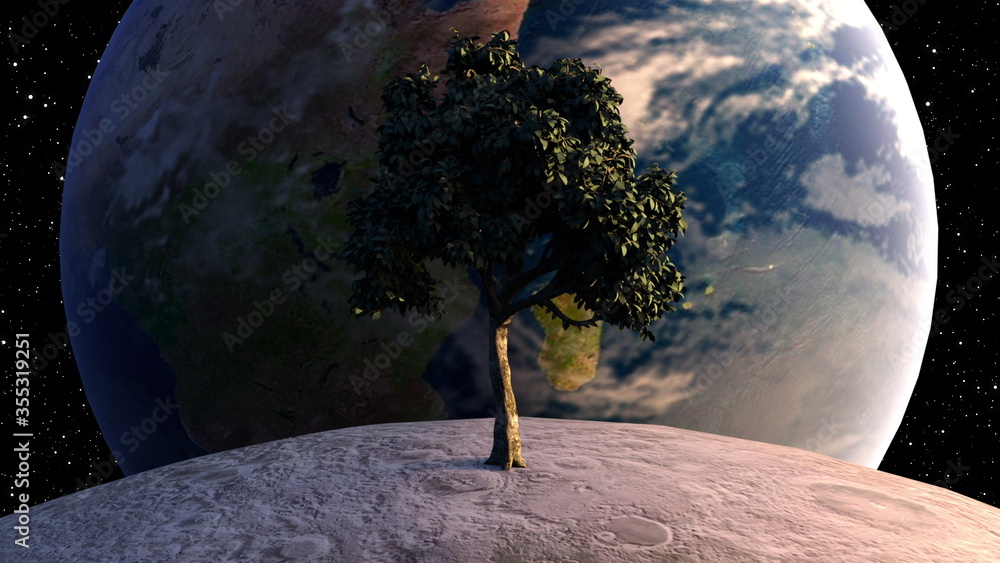 Poster computer generated futuristic composition. tree on the moon in front of the earth planet against the