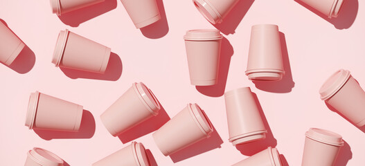 Minimal composition for beverage and cafe concept. Pink coffee paper cup on pink background. 3d rendering illustration.