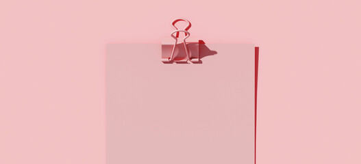 Minimal composition for business and organize concept. Pink paper clip on pink background. 3d rendering illustration. Clipping path included.