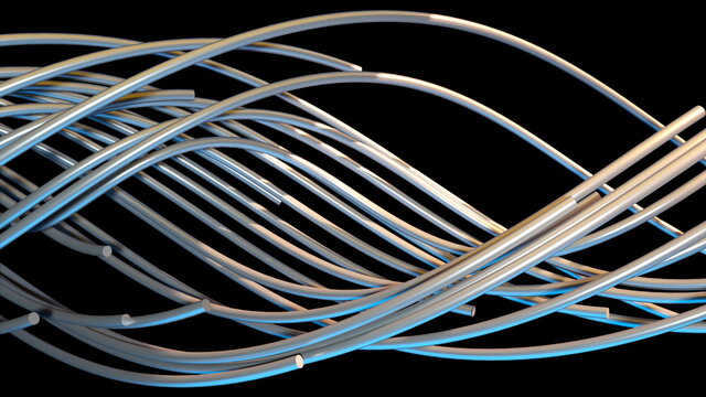 Random optical fibers are woven into a large spiral, 3d rendering. Computer generated abstract volumetric backdrop