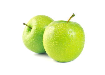 Fresh green apple isolated on white background with water drop.