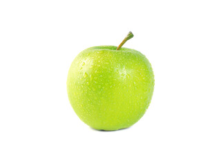 Perfect fresh green apple isolated on white background with water drop. Whole green apple.