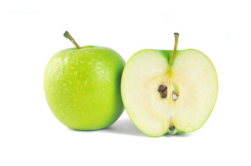 Whole green apple and half isolated on white background.