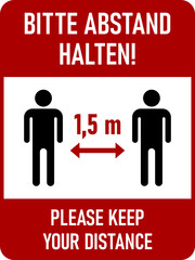 Bitte Abstand Halten ("Please Keep Your Distance" in German) 1,5 m or 1,5 Metres Bilingual German-English Vertical Social Distancing Instruction Icon with an Aspect Ratio of 3:4. Vector Image.