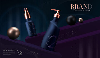Elegant cosmetic products set background. Vector 3D Premium cream jar for skin care products. Luxury facial cream. Cosmetic ads flyer or banner design. Cosmetic poster template. Make up products brand