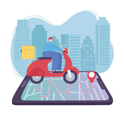 online delivery service, man riding a scooter on the smartphone map to the pointer, fast and free transport, order shipping, app website