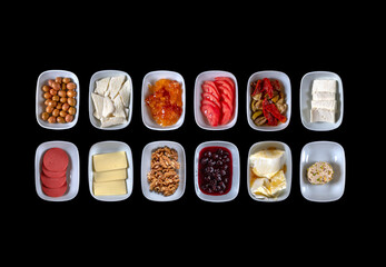 breakfast menu, tomato, cheese, butter, sausage, green olive, jam, cheddar cheese,Traditional Turkish Breakfast Table (Serpme Kahvalti). Colorful, fresh, organic