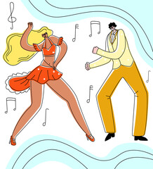 Vector flat illustration dancing couple on abstract background in form of notes and music. Concept Latin dance, salsa, dance schools, clubs, performances, events, festivals.