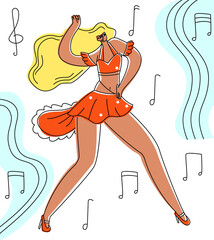 Vector flat illustration dancing, attractive woman on abstract background in form of melody notes. Concept Latin dance, salsa, female solo, dance schools, clubs, performances, events.