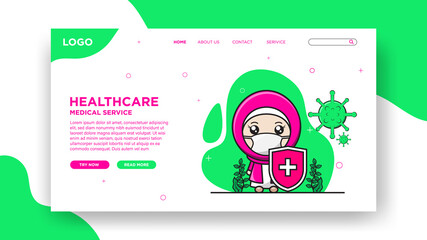 Healthcare and medical service landing page with cute character in flat style Premium Vector