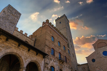 medieval town center of San Gimignano Tuscany Italy at sunset