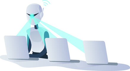 Multi-tasking robot scans three laptop screens at the same time, replaces workers, speeds up information processing. Flat illustration RPA, business automation, invisible employee