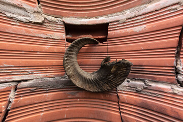 Sheep horn hanging on a wall against the evil eye