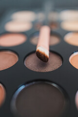 cosmetics and beauty, close-up of eyeshadow palette with neutral nude tones and brush on it