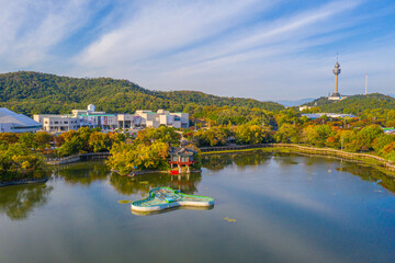Aerial view of 83 Tower behind an artificial lake in Daegu, Republic of Korea