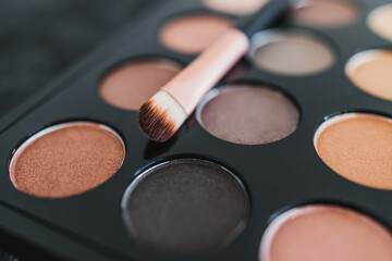 cosmetics and beauty, close-up of eyeshadow palette with neutral nude tones and brush on it