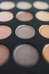 cosmetics and beauty, close-up of eyeshadow palette with neutral nude tones and shallow depth of field