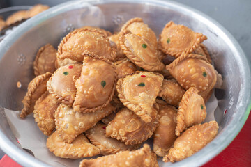 Curry puff on a white plate. Curry puff, snack food, pastries,