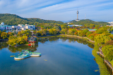 Aerial view of 83 Tower behind an artificial lake in Daegu, Republic of Korea