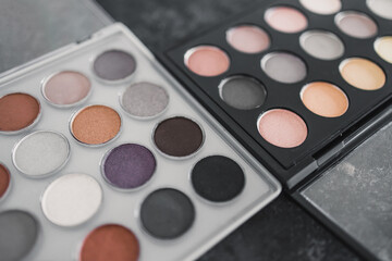 cosmetics and beauty, close-up of two similar eyeshadow palettes with neutral nude tones next to...