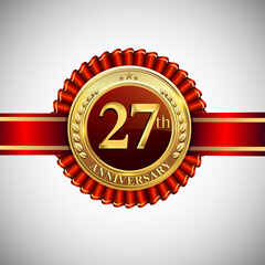 Celebrating 27th anniversary logo, with golden badge and red ribbon isolated on white background.