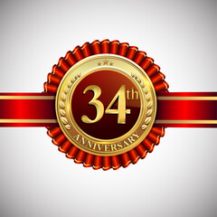 Celebrating 34th anniversary logo, with golden badge and red ribbon isolated on white background.
