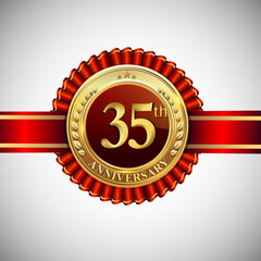 Celebrating 35th anniversary logo, with golden badge and red ribbon isolated on white background.