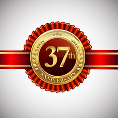 Celebrating 37th anniversary logo, with golden badge and red ribbon isolated on white background.