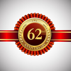 Celebrating 62nd anniversary logo, with golden badge and red ribbon isolated on white background.