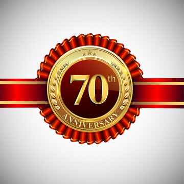 Celebrating 70th anniversary logo, with golden badge and red ribbon isolated on white background.