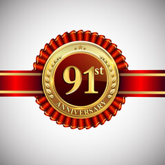 Celebrating 91st anniversary logo, with golden badge and red ribbon isolated on white background.