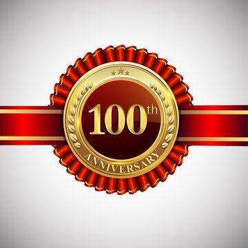 Celebrating 100th anniversary logo, with golden badge and red ribbon isolated on white background.
