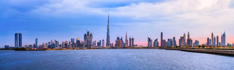 Photo sur Plexiglas Dubai Panorama d& 39 horizon de Dubaï au coucher du soleil