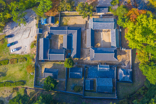 Aerial view of Oksan Seowon Confucian academy in Republic of Korea