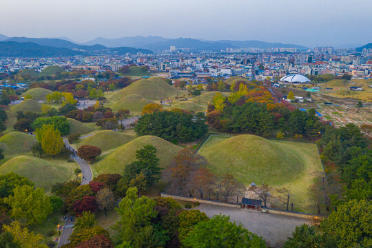 Sunset aerial view of Tumuli park containing several royal tombs in Gyeongju, Republic of Korea