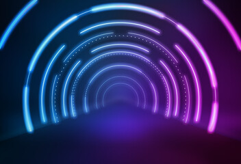 Color tunnel channel space constructed by glowing neon light lines.
