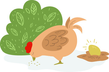 Tale of chicken pock and a golden egg. Russian folk tale, chicken pecks grain against a bush, next to an egg in a nest