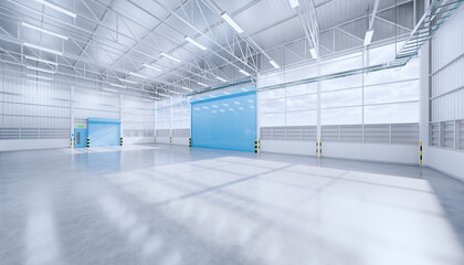 Hangar or industrial building. Protection with security door, roller door or roller shutter. Modern interior design with concrete floor, steel wall and empty space for industry background. 3d render.