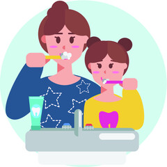 Mom and daughter in pajamas take care of themselves and brush their teeth in front of the sink on which stands a tube of toothpaste.
Flat vector illustration with characters.