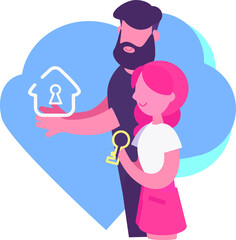 Buy new house. A young family dreams of their home. Man is holding a house outline with a keyhole in his hands, a girl holding a key. Buying and selling real property, mortgage illustration