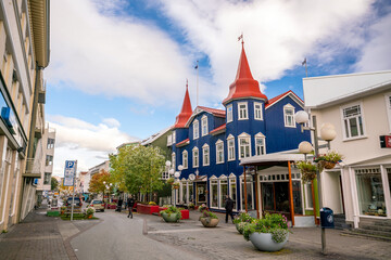 Fototapeta na wymiar Beautiful vintage buildings in downtown Akureyri city, Iceland