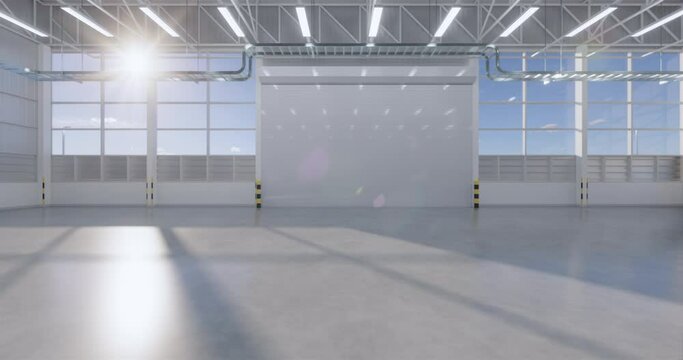 Factory or warehouse or industrial building. Protection with roller door or roller shutter. Modern interior design with concrete floor, metal wall and empty space for industry background. 3d render.
